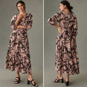Anthropologie Kivari Floral Paisley Puff Sleeve Plunge Neck Maxi Dress
